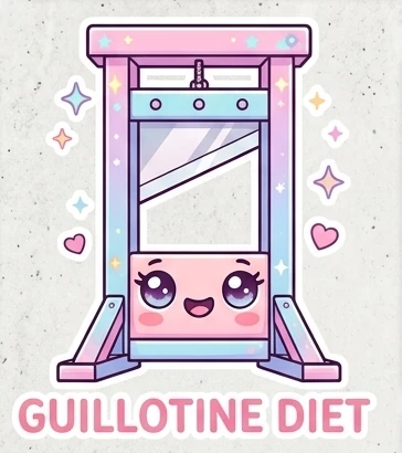 Guillotine Diet logo: a cheerful pastel guillotine with a smiling face, surrounded by sparkles and hearts